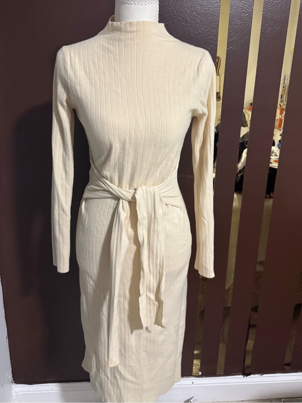 Long Sleeve Cream Ribbed Tie-Waist Midi Dress